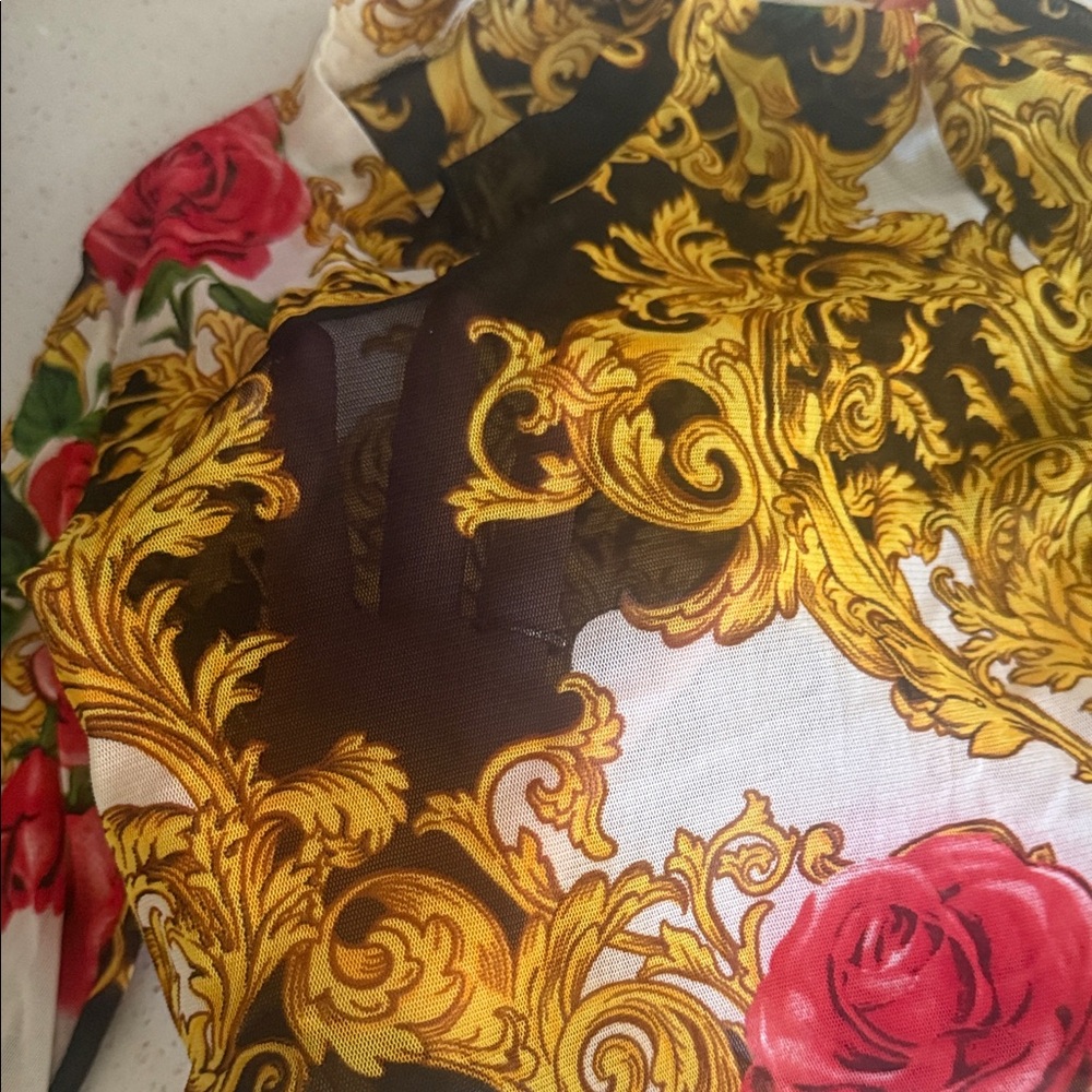 Baroque Floral Women's Blouse - Black, Gold, Red - Picture 2 of 3